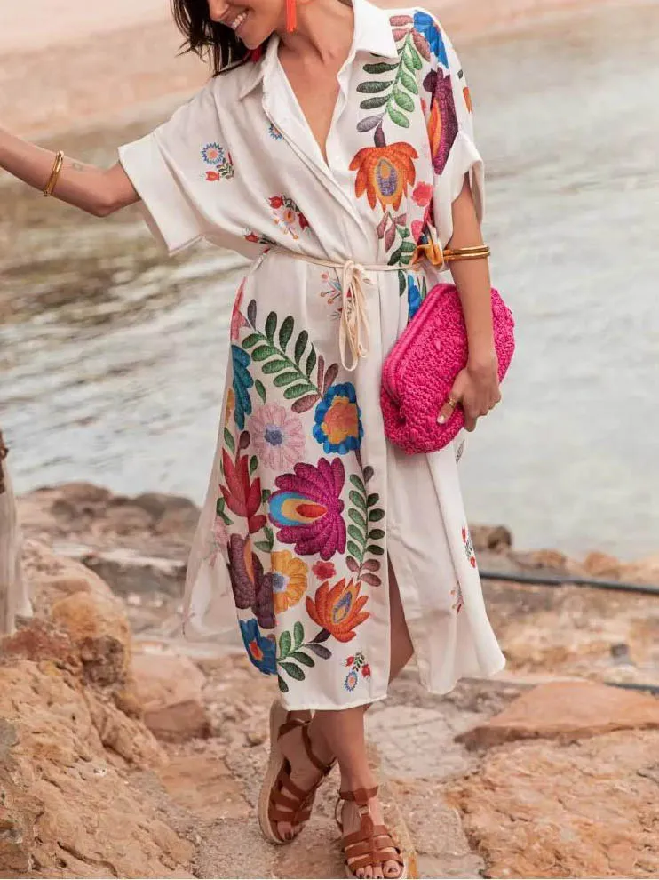 Casual Positioning Print Loose Shirt Midi Dress