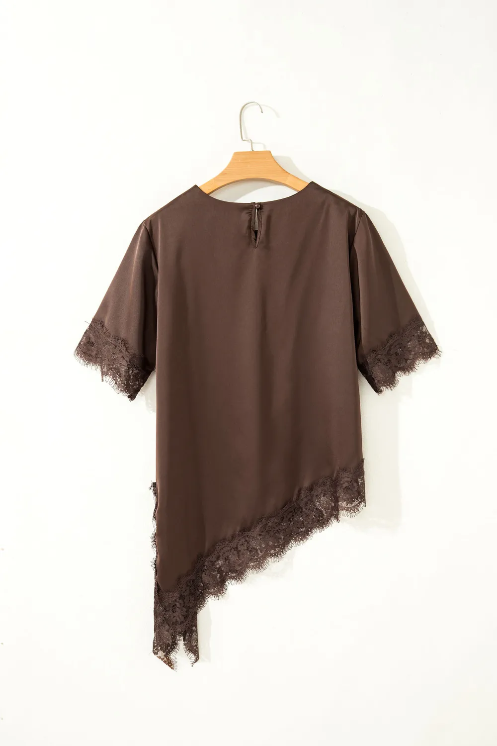 Coffee Asymmetric Lace Trim Short Sleeve Top