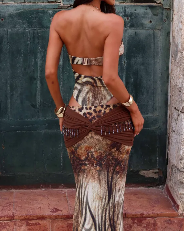 Printed Beaded Fringe Maxi Skirt