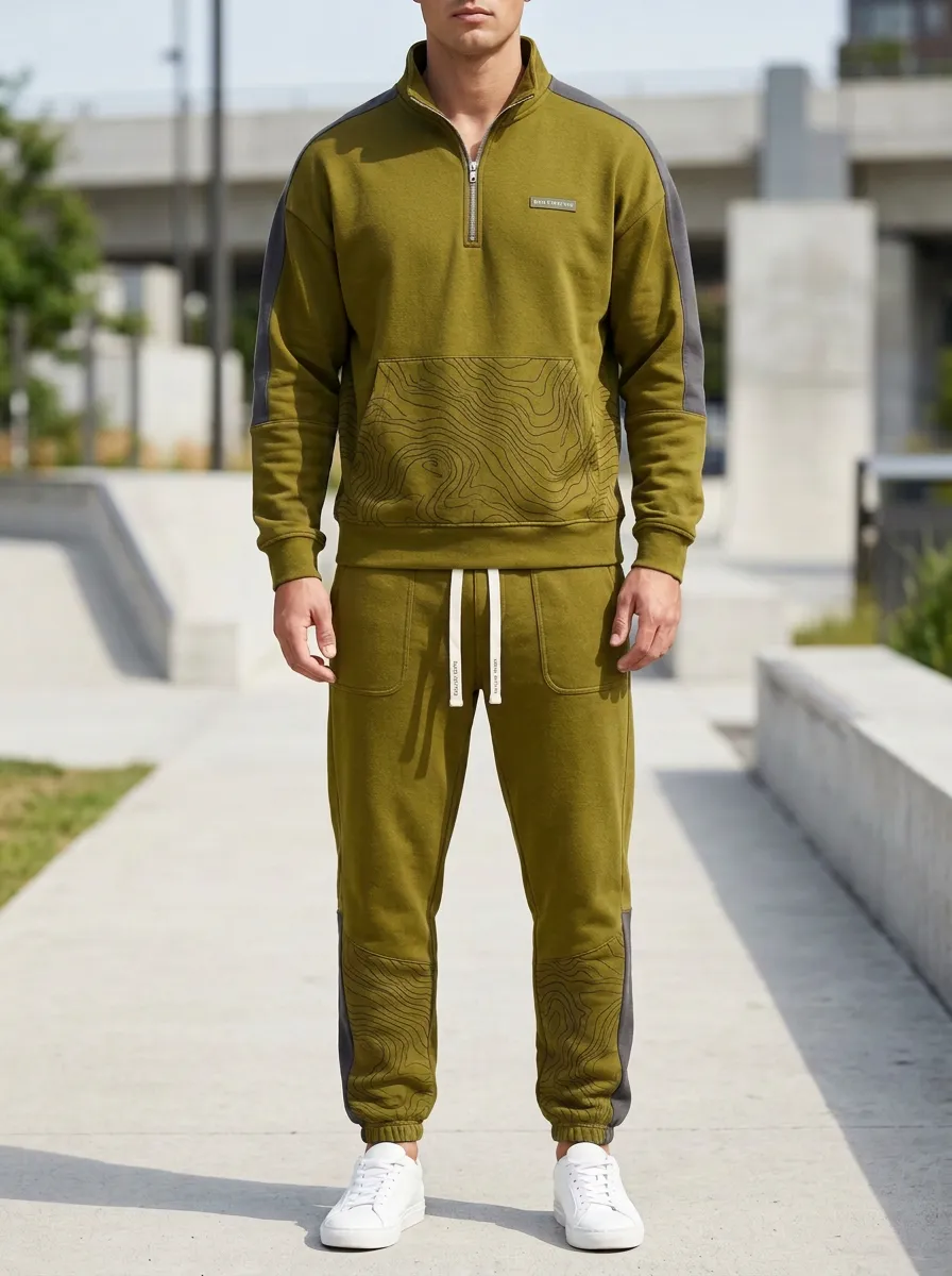 Men's Casual Outdoor Adventure Topographic Map Print Jogger Set