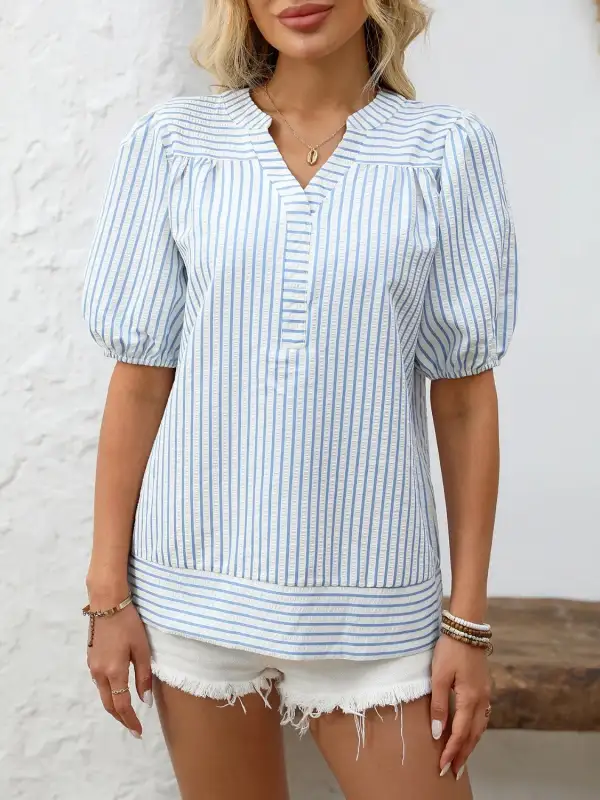 Striped Notched Puff Sleeve Blouse