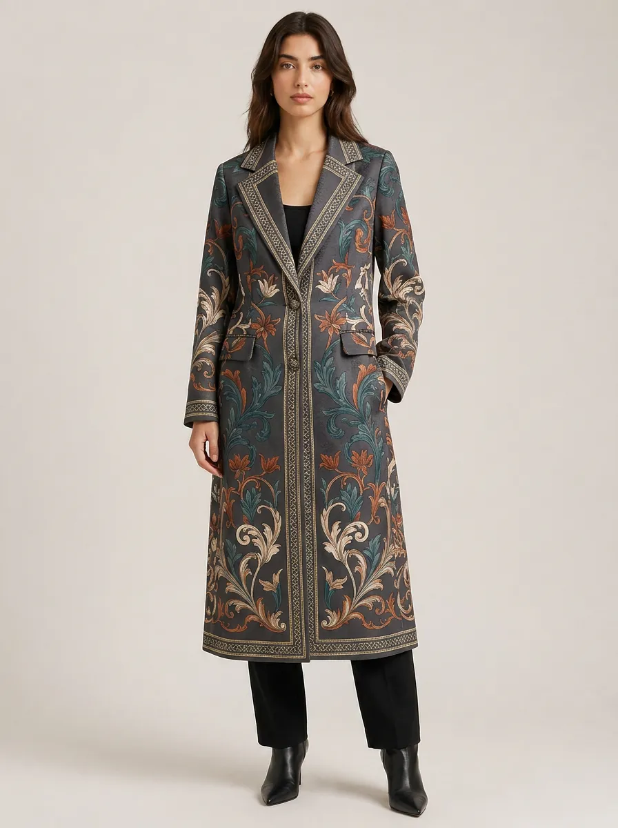Women's Vintage Floral Baroque Printed Long Coat