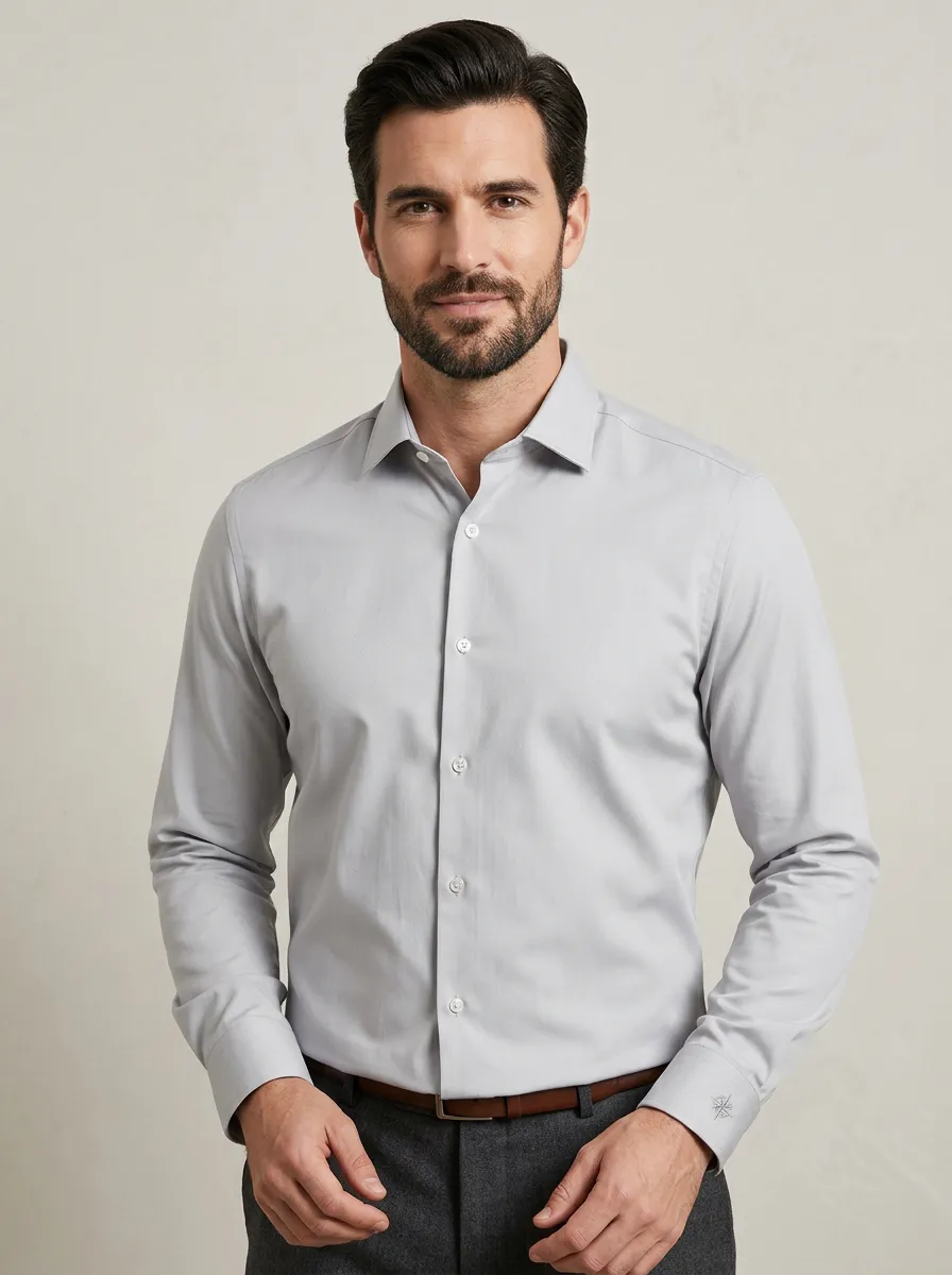 Men's Non-Iron Cotton Solid Grey Long Sleeve Dress Shirt
