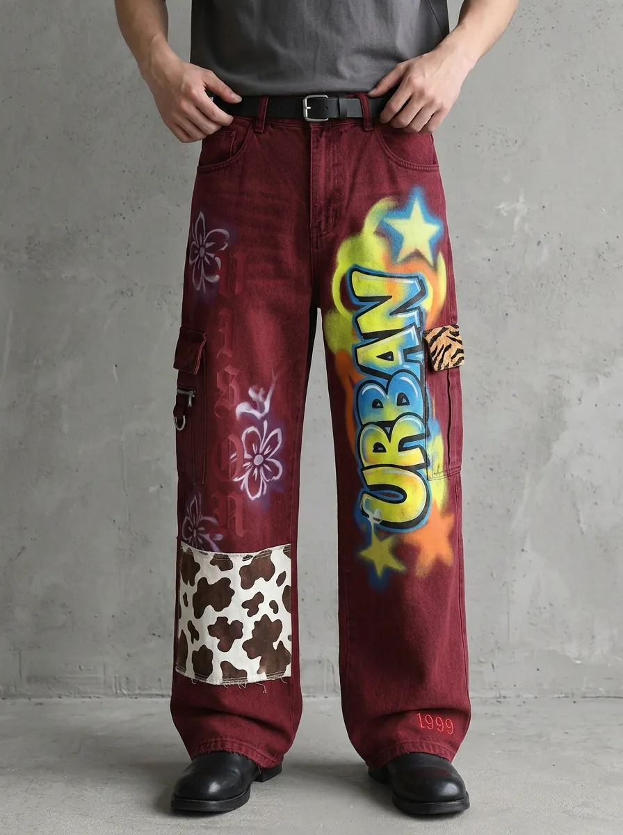 Men's Urban Graffiti Animal Patchwork Graphic Cargo Jeans