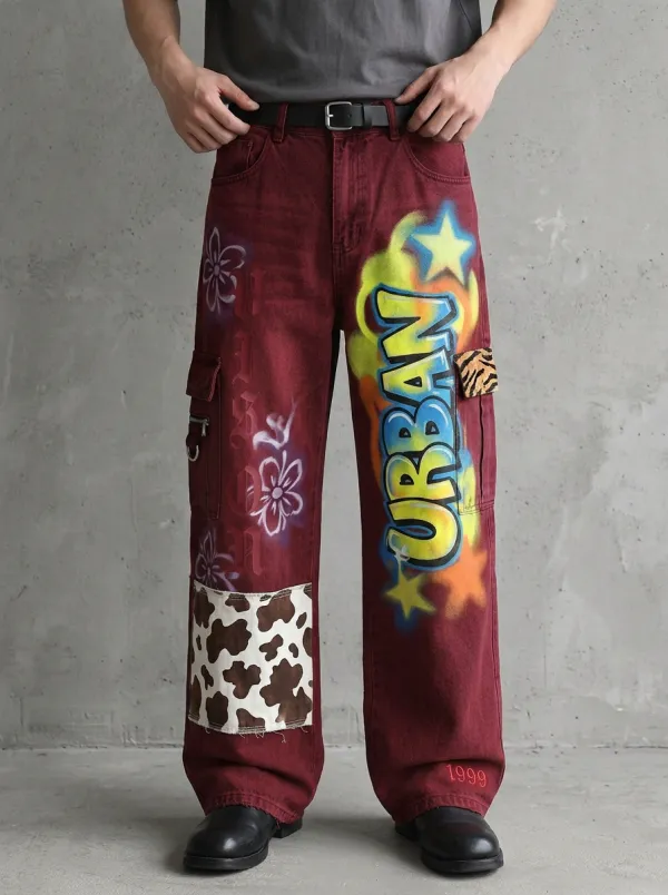Men's Urban Graffiti Animal Patchwork Graphic Cargo Jeans
