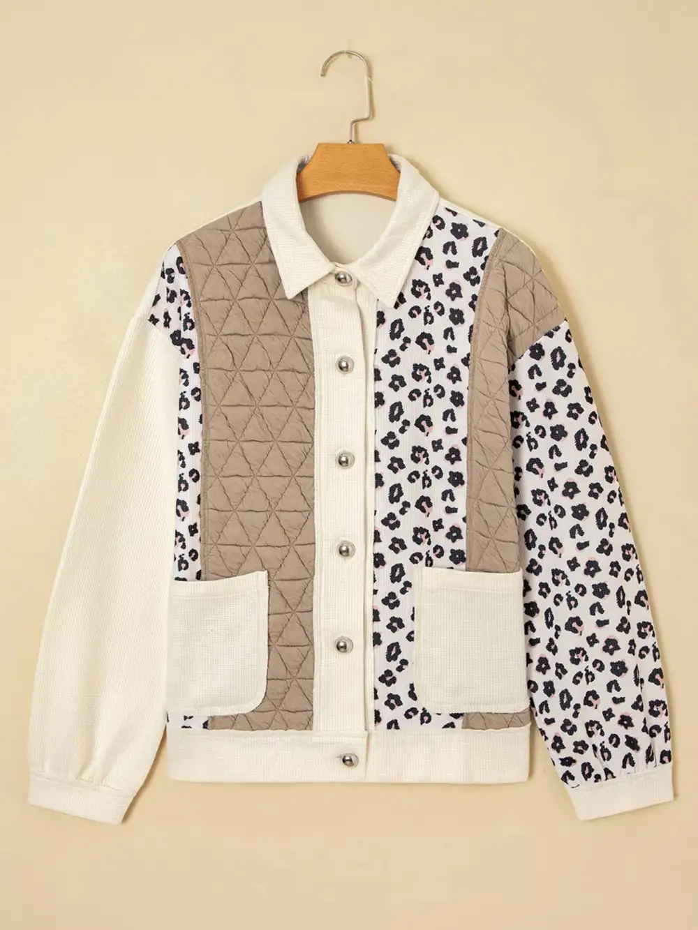 Leopard Waffle Quilted Patchwork Button Front Jacket