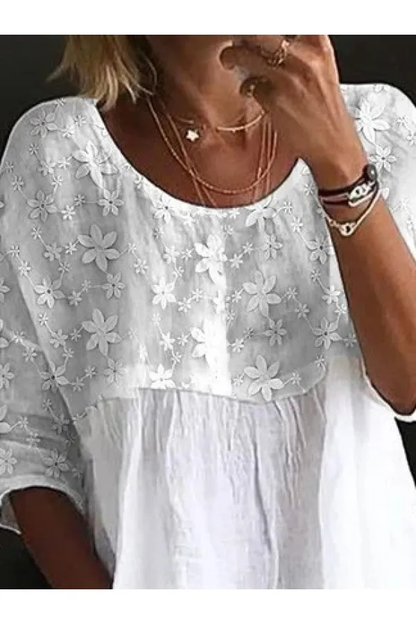 Women's Lace Embroidery Patchwork Loose Crew Neck Split Joint Shirt