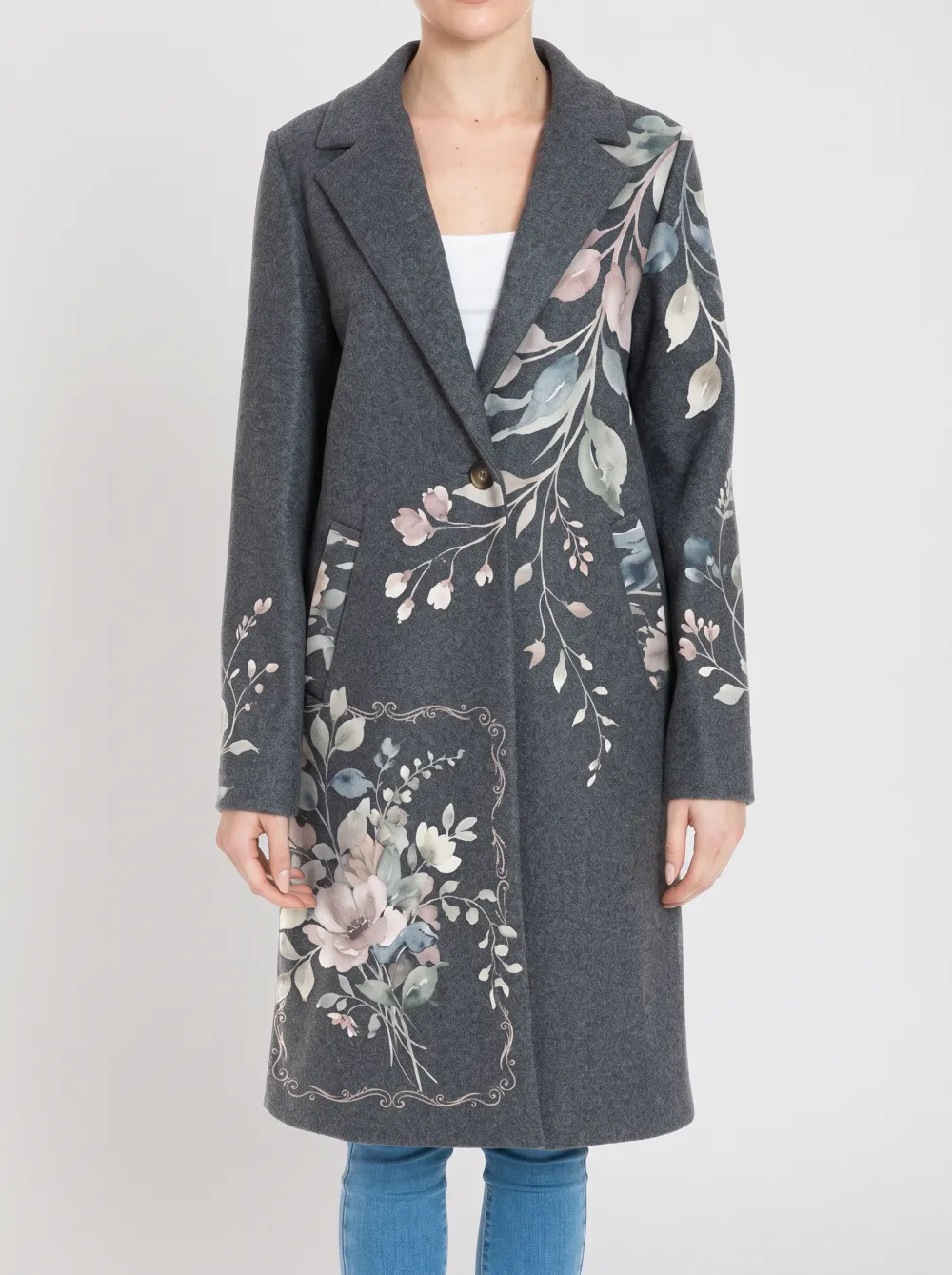 Women's Floral Botanical Art Printed Wool Coat