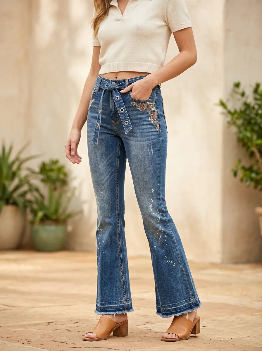 Women's Boho Floral Embroidered Distressed Printed Flare Jeans