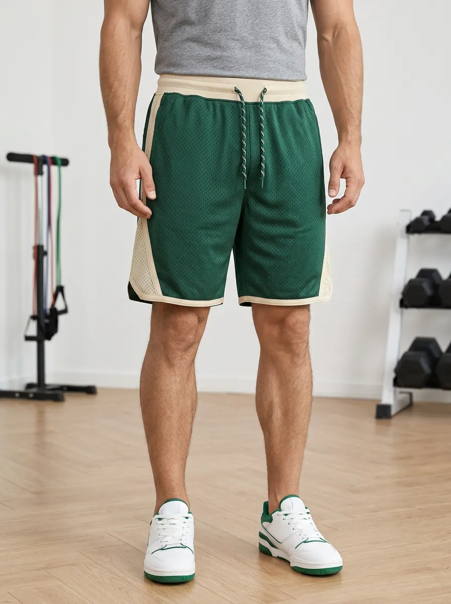 Men's Fitness Training Mesh Colorblock Drawstring Shorts