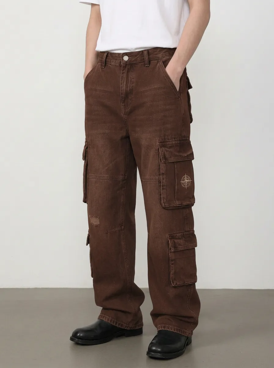 Men's Vintage Distressed Compass Patch Printed Cargo Jeans