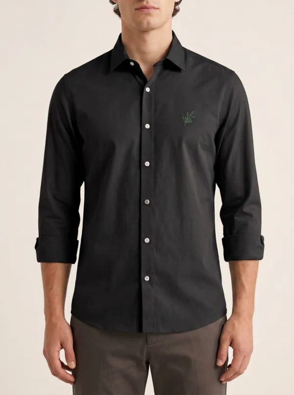 Men's Non-Iron Cotton Olive Leaf Embroidered Button-Down Shirt