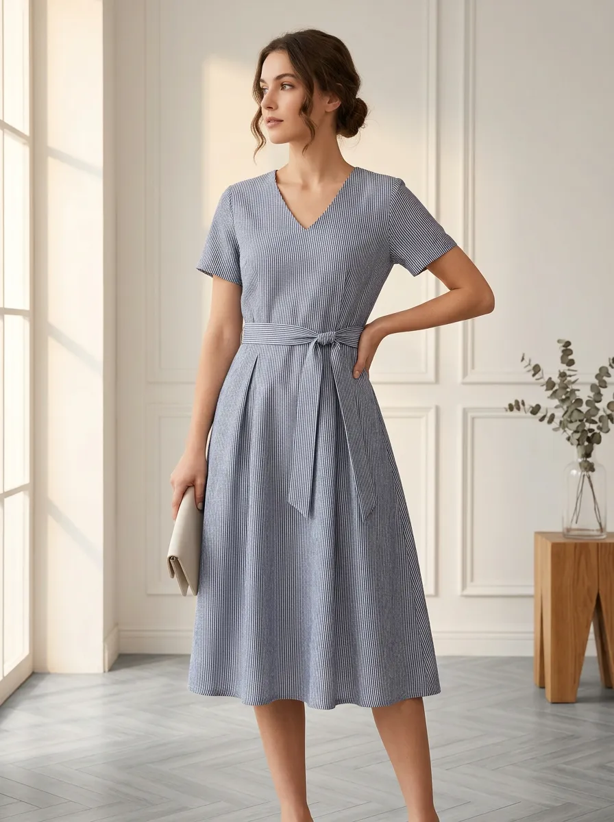Women's Casual Elegant Blue Vertical Striped Printed Dress