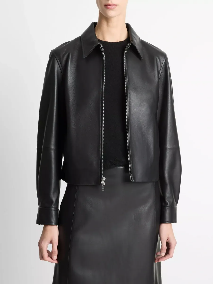 Zip-Up Collared Leather Jacket