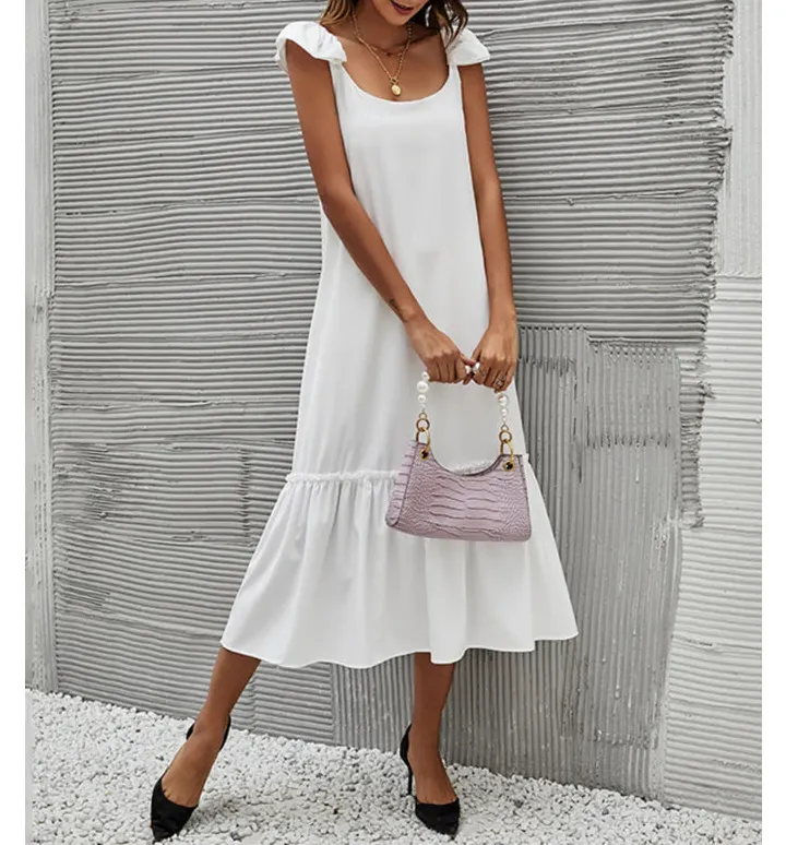 Full Size Ruffled Hem Midi Dress with Cap Sleeves Plus Size