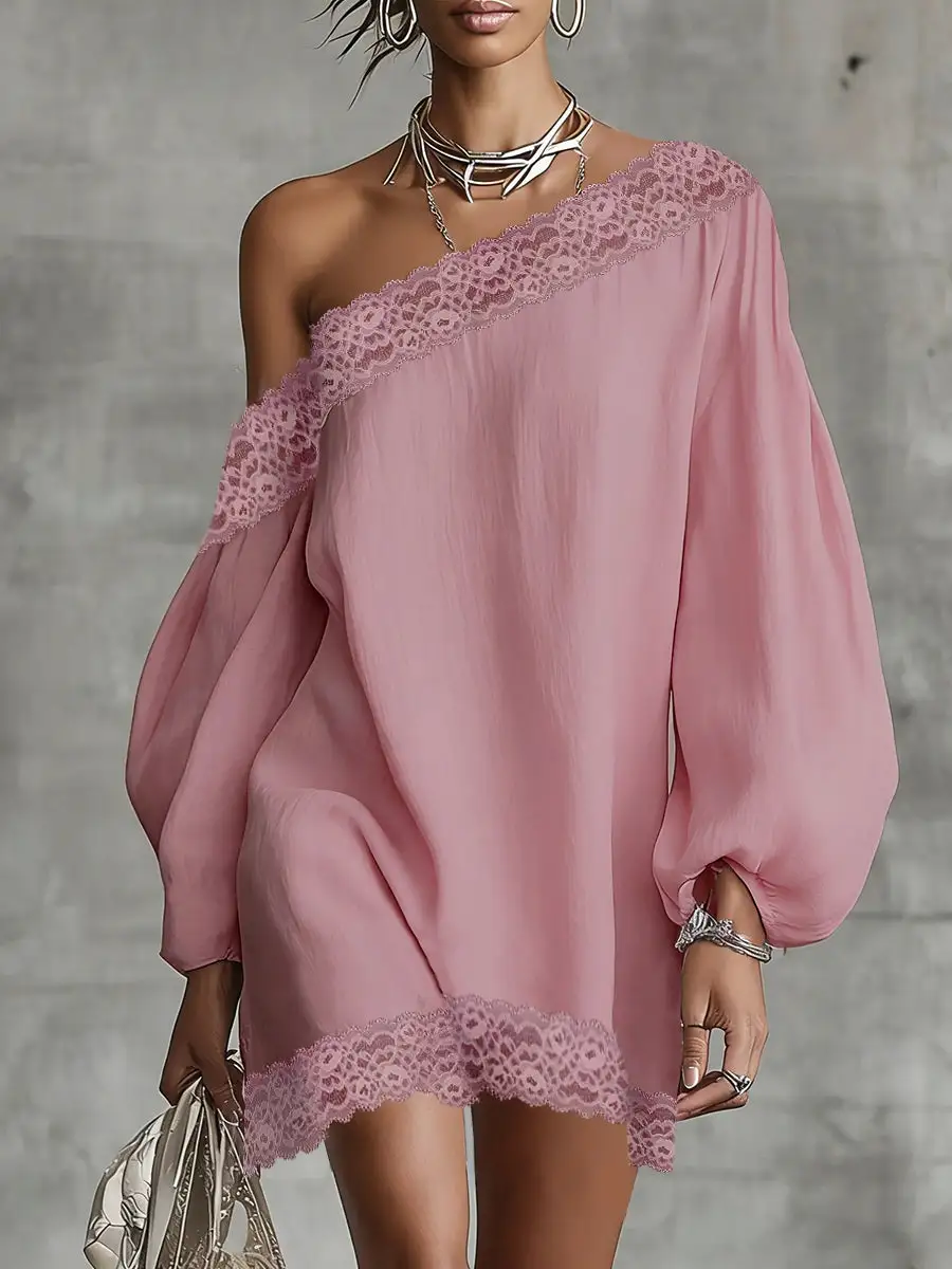 Long Sleeve Relaxed Solid Color Split Joint One Shoulder Mini Dress