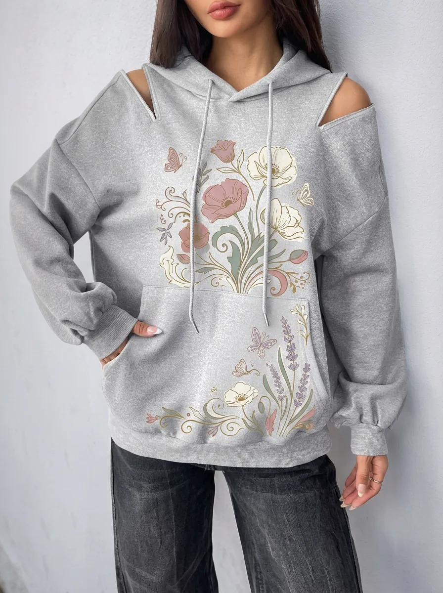 Women's Floral Butterfly Botanical Printed Cold Shoulder Hoodie