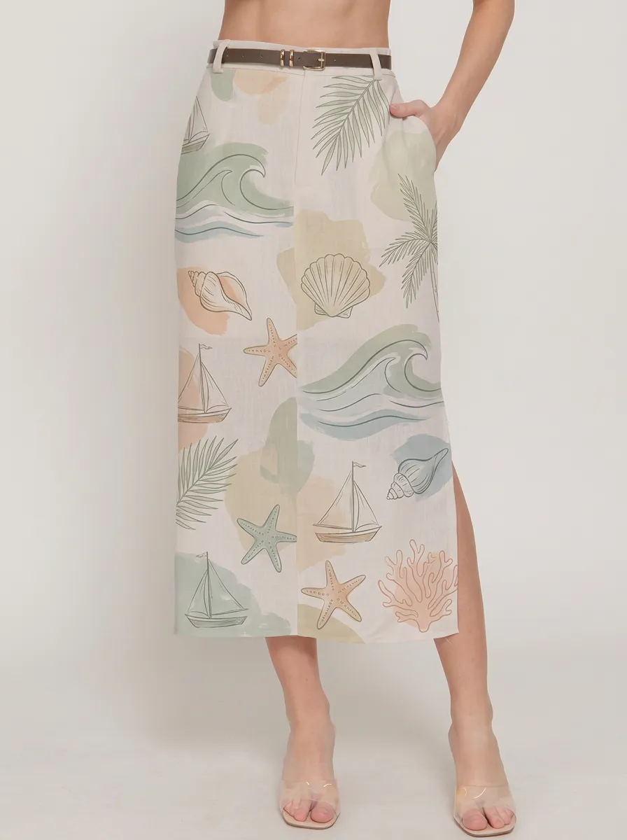 Women's Coastal Ocean Sailboat Seashell Printed Skirt