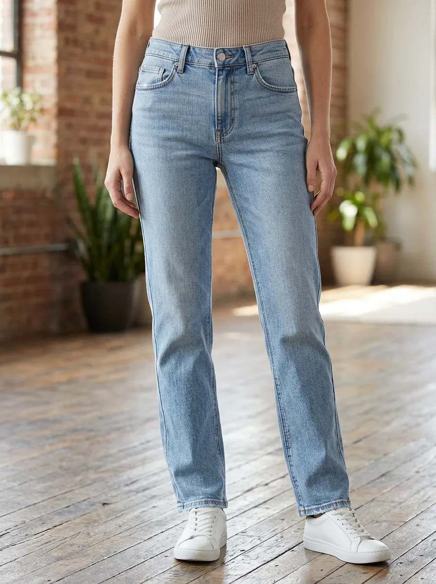 Women's Casual Style Light Wash Denim Straight Leg Jeans