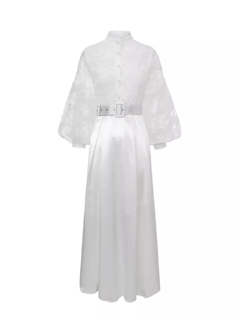Lace Lantern Sleeve Belted Maxi Dress