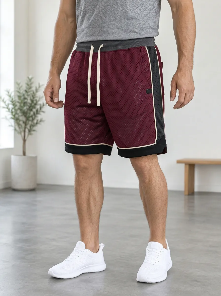 Men's Athletic Burgundy Mesh Striped Drawstring Shorts