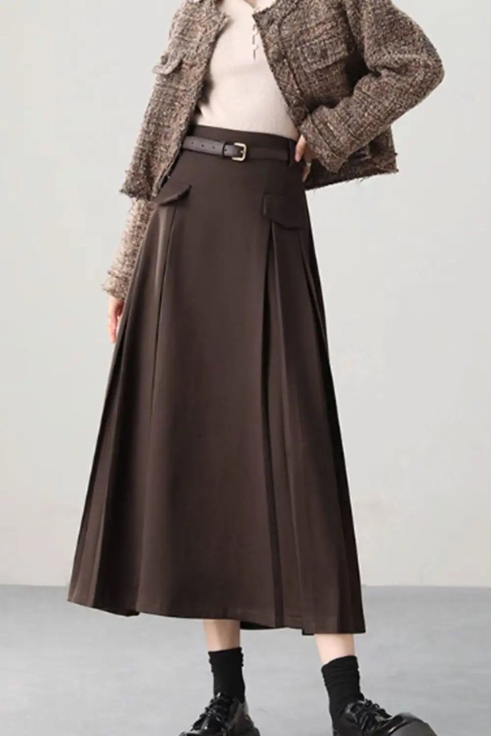 Artful Wool Blend A Line Pocketed Midi Skirt