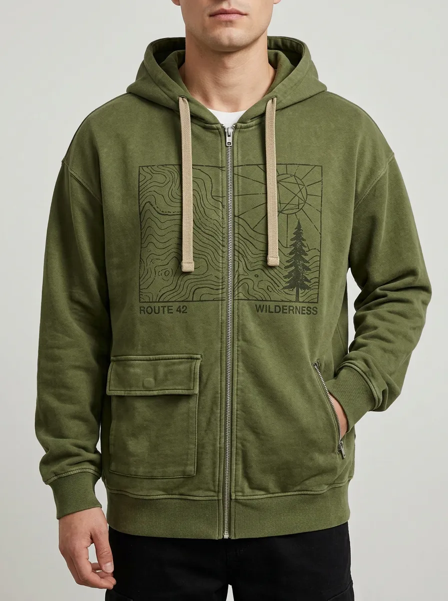 Men's Outdoor Wilderness Route 42 Topographic Printed Zip Hoodie