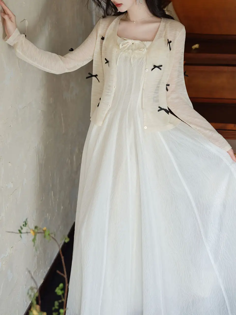 Bow Ruffle Jacquard Romantic Maxi Dress
