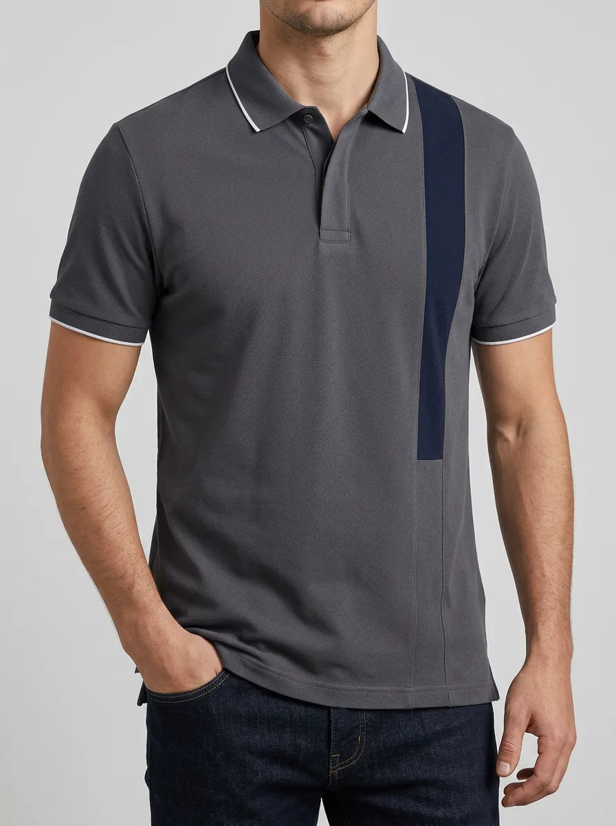 Men's Grey Navy Vertical Stripe Contrast Trim Polo Shirt