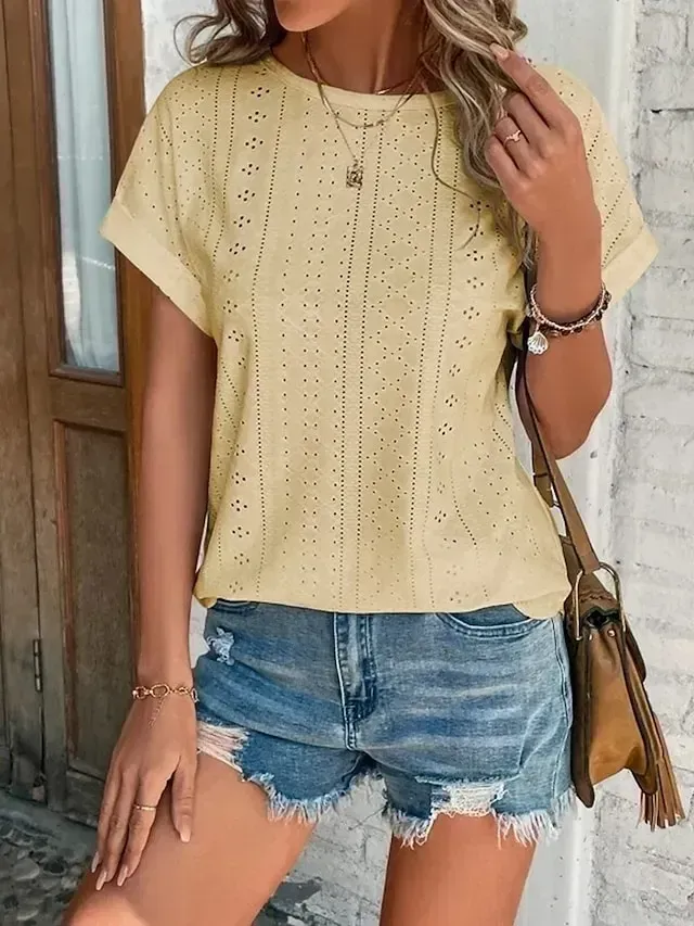 Women's T shirt Tee White Eyelet Tops Light Blue Black White Plain Cut Out Short Sleeve Daily Weekend Basic Round Neck Regular Cotton S