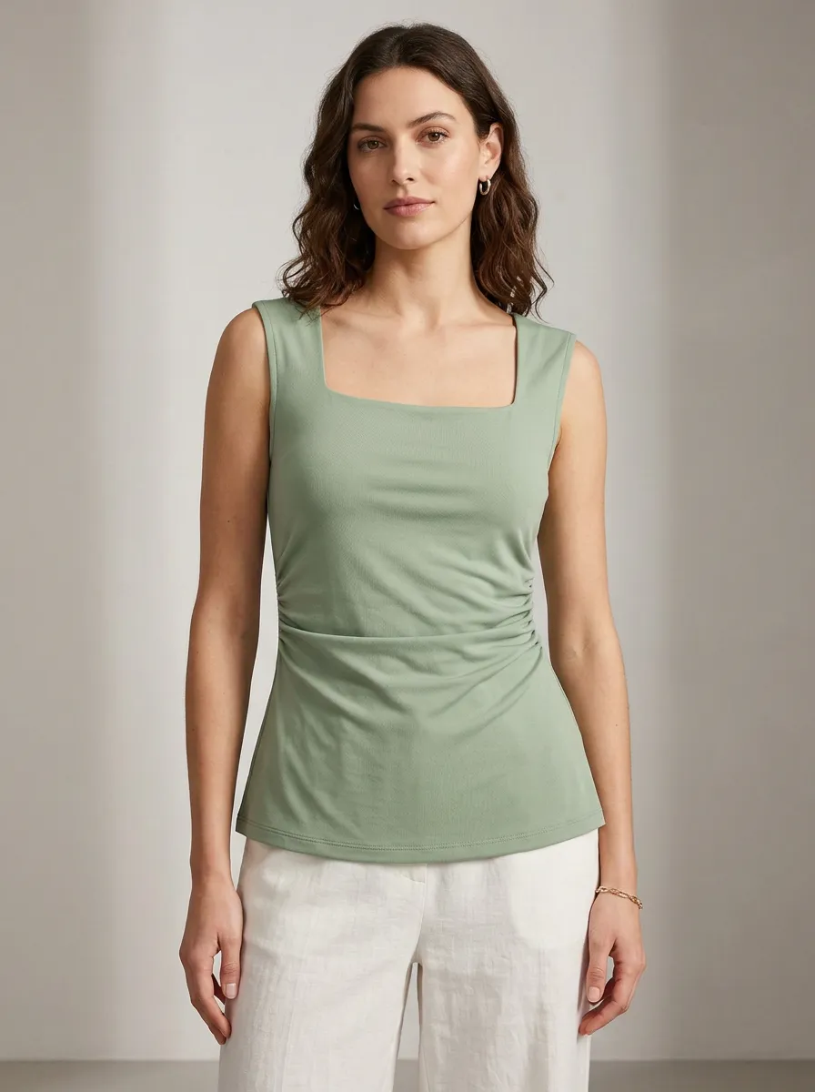Refined Square-Neck Waist-Ruched Ruched Tank Top
