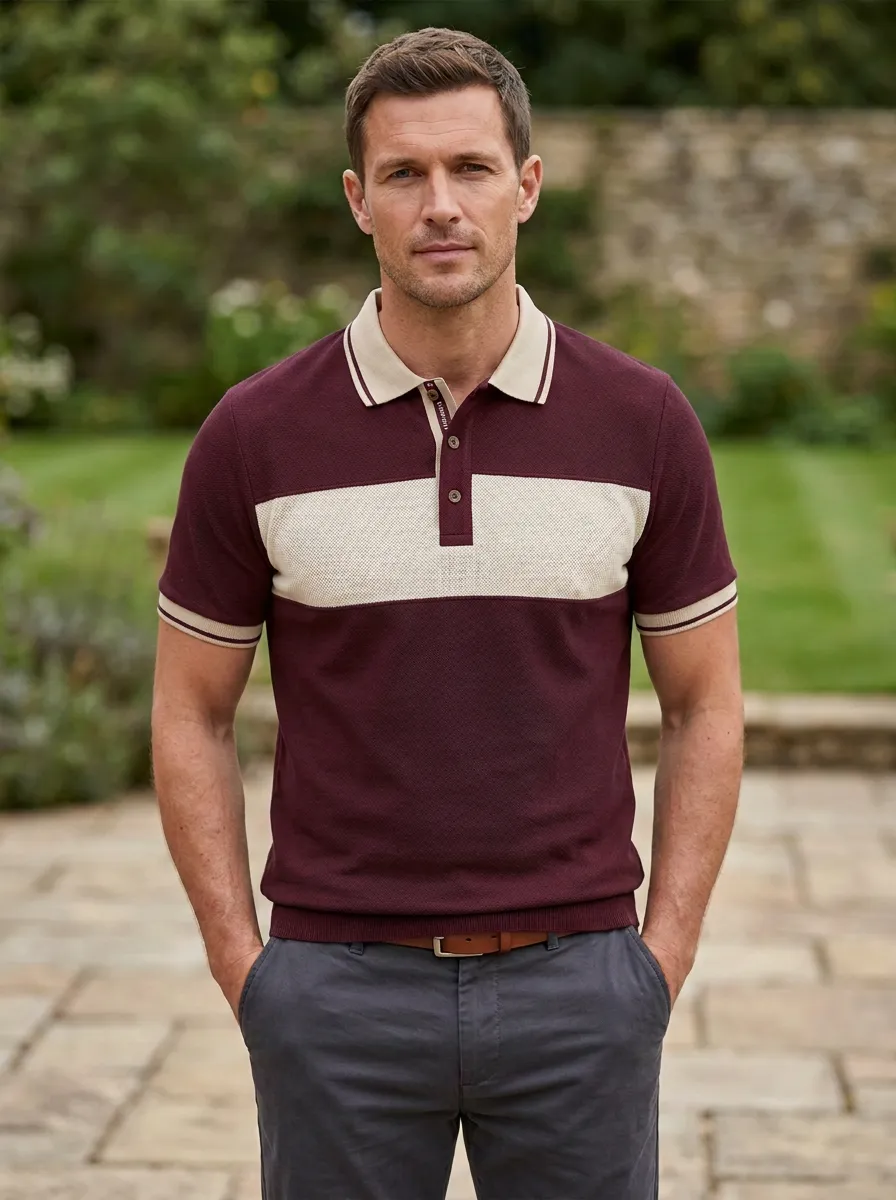 Men's Casual Style Navy Beige Colorblock Knitted Polo Shirt