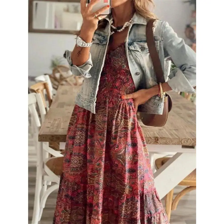 Full Size Paisley Print Cap Sleeve Maxi Dress Plus Size