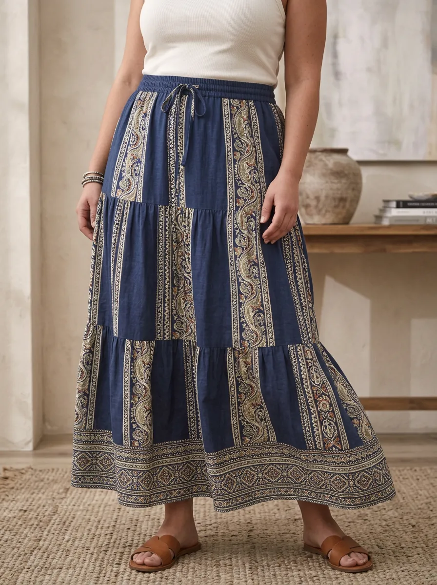 Women's Botanical Paisley Print Tiered Maxi Skirt