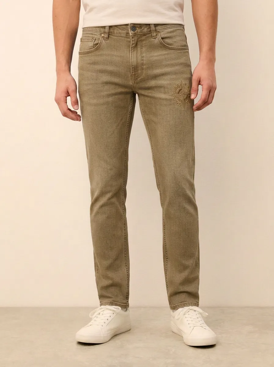Men's Mid-Blue Compass Graphic Stretch Jeans
