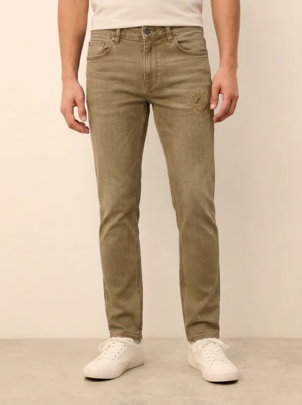 Men's Mid-Blue Compass Graphic Stretch Jeans