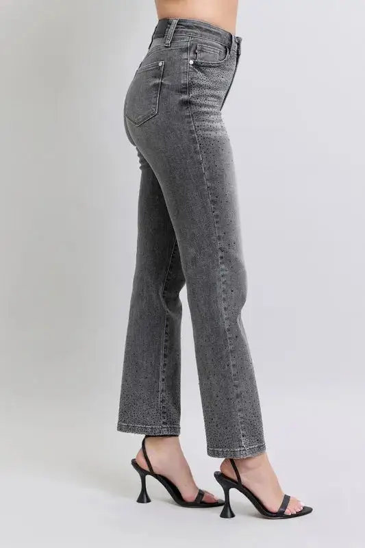 High Waist Rhinestone Straight Plus Denim Jeans