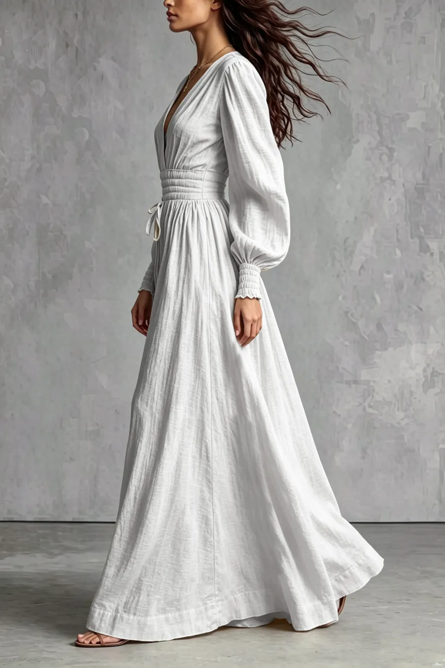 V Neck Ruched Tie Detail Maxi Dress