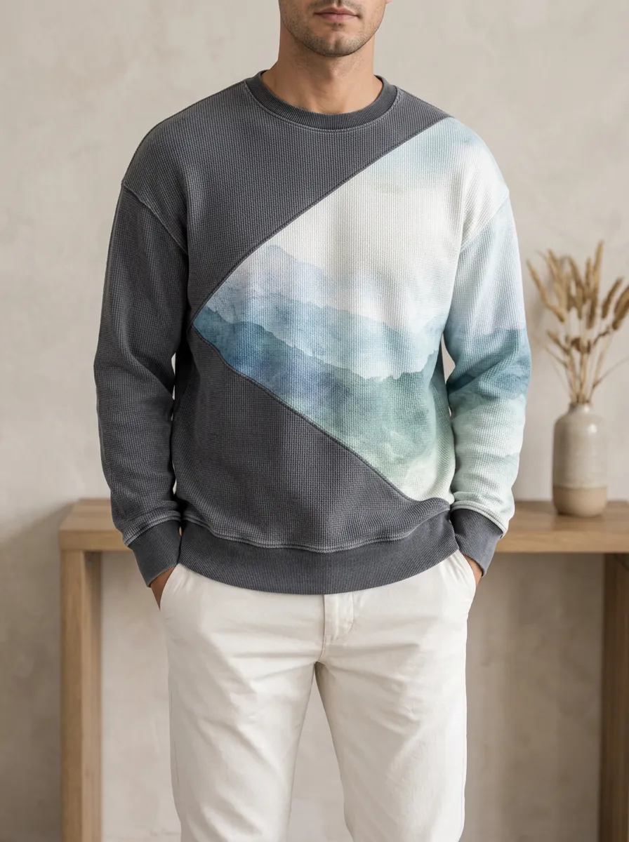 Men's Mountain Landscape Printed Waffle Knit Sweatshirt