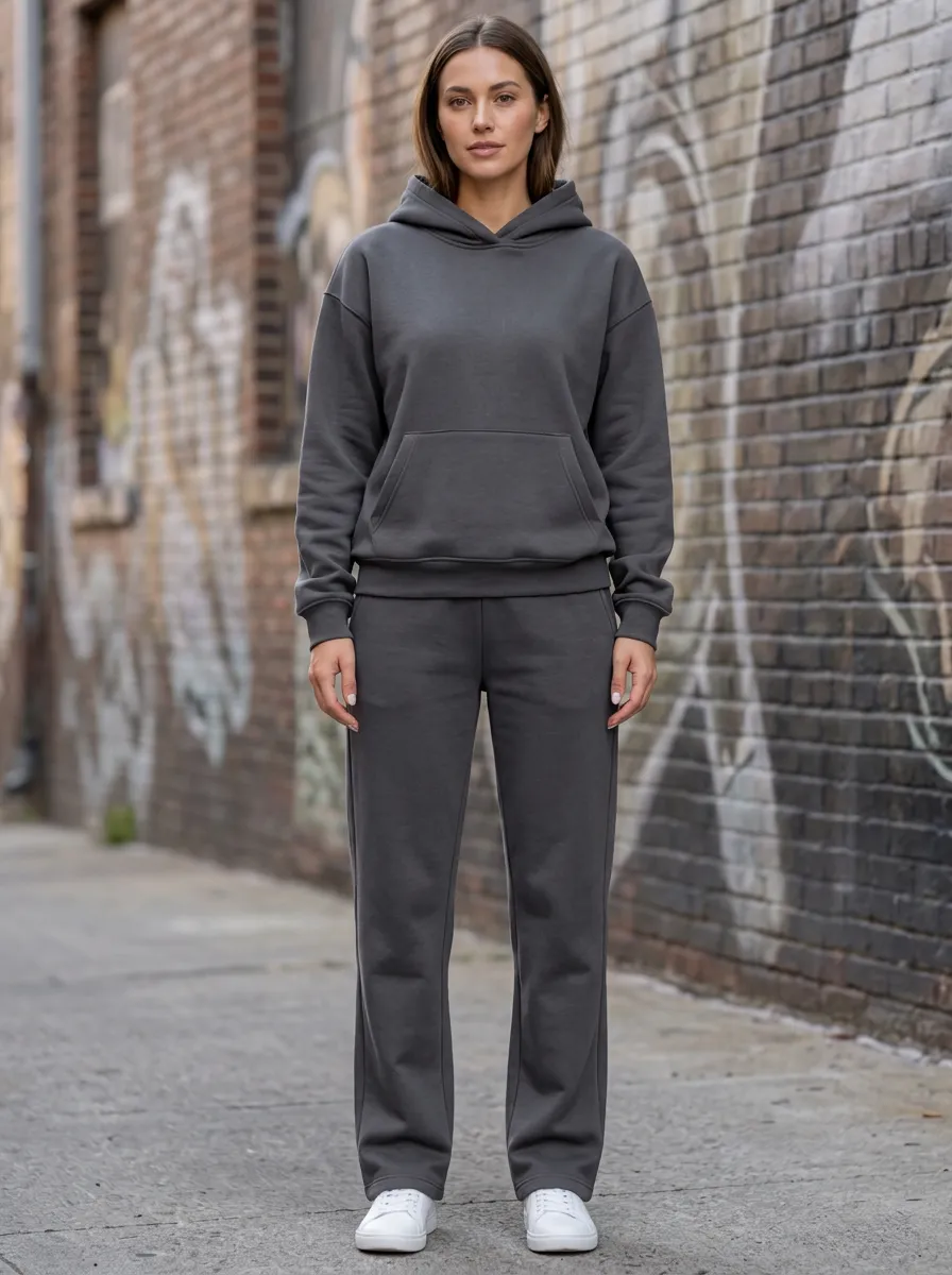 Women's Solid Charcoal Long Sleeve Hoodie Straight Leg Lounge Set