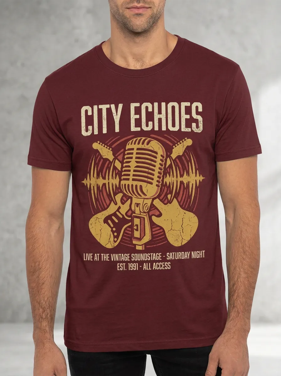 Men's Music Lover City Echoes Vintage Microphone Guitar Printed T-shirt