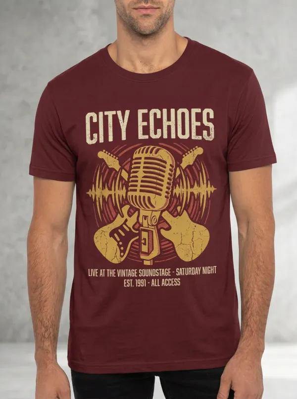 Men's Music Lover City Echoes Vintage Microphone Guitar Printed T-shirt