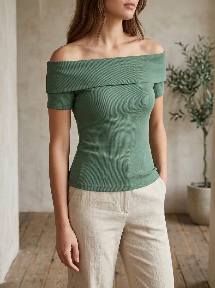 Women's Minimal Ribbed Off-Shoulder Short Sleeve Off-Shoulder Top