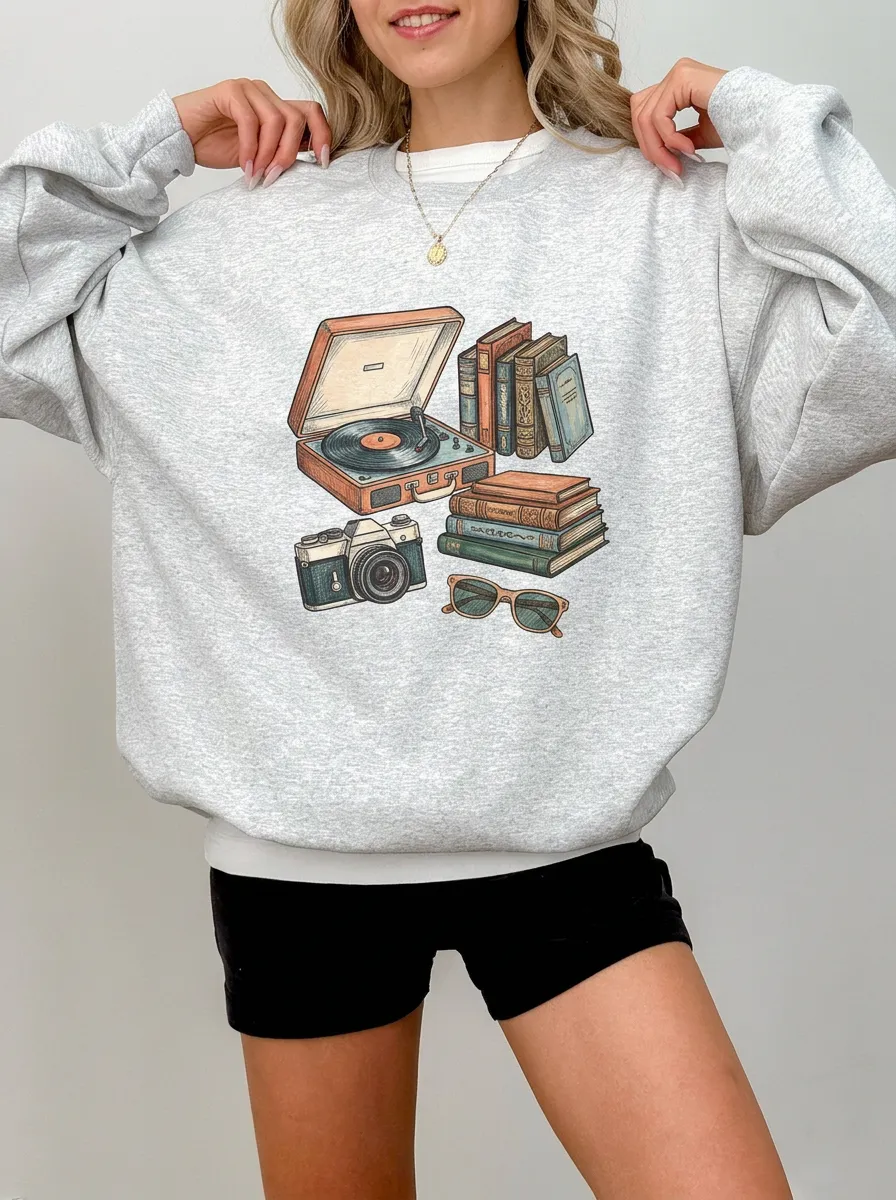 Women's Retro Book Record Camera Graphic Sweatshirt