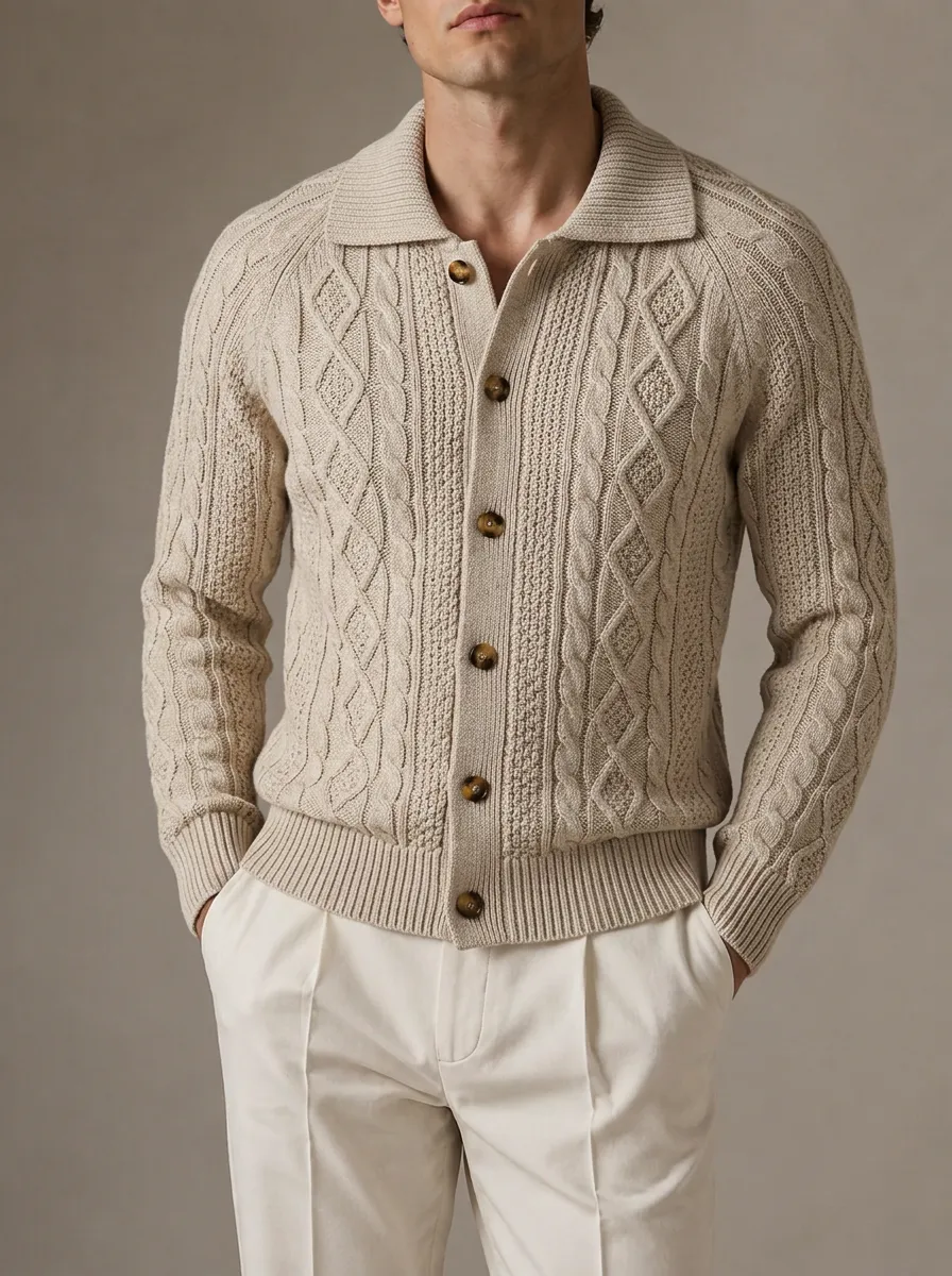 Men's Casual Beige Cable Knit Button Up Polo Shirt