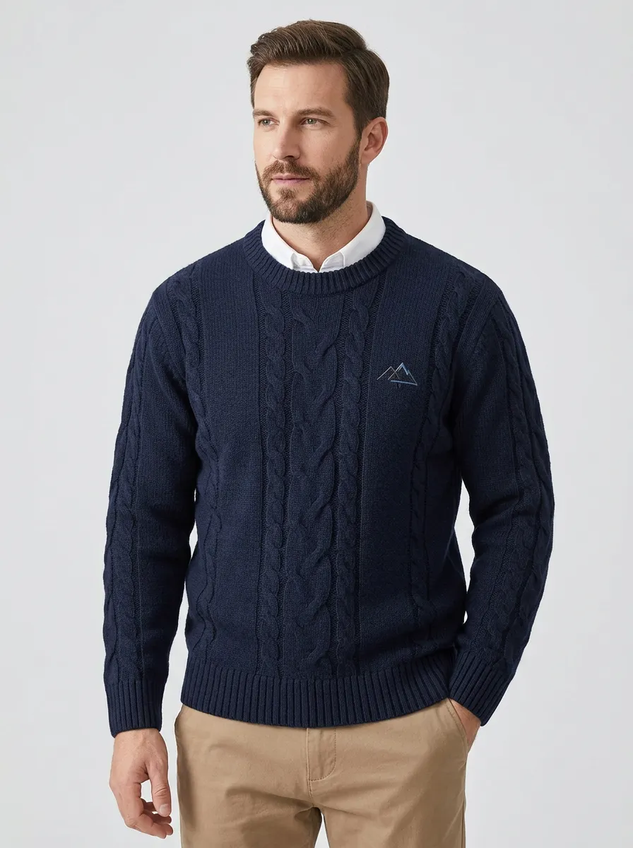 Men's Navy Cable-Knit Crewneck Sweater