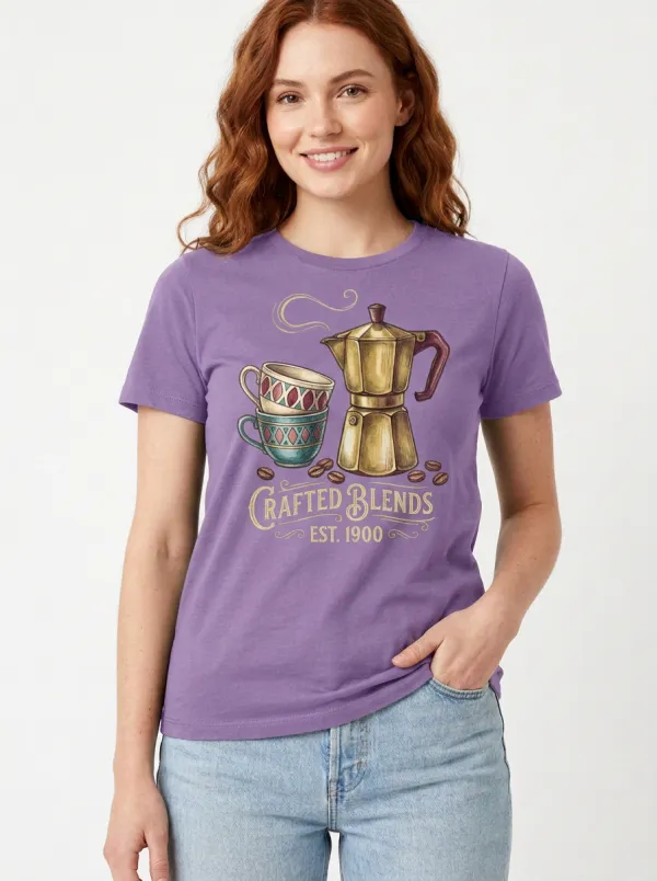 Women's Coffee Lover Moka Pot Cups Crafted Blends Printed T-shirt
