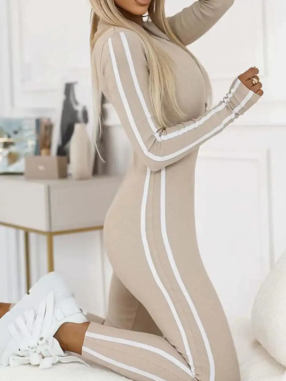 Plus Size Stripe Zip Front Long Jumpsuit