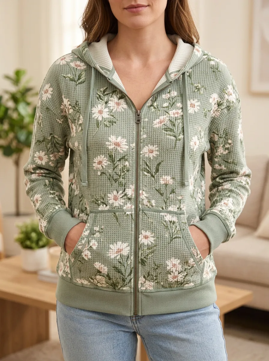 Women's Floral Daisy Signature Graphic Waffle Zip-Up Hoodie