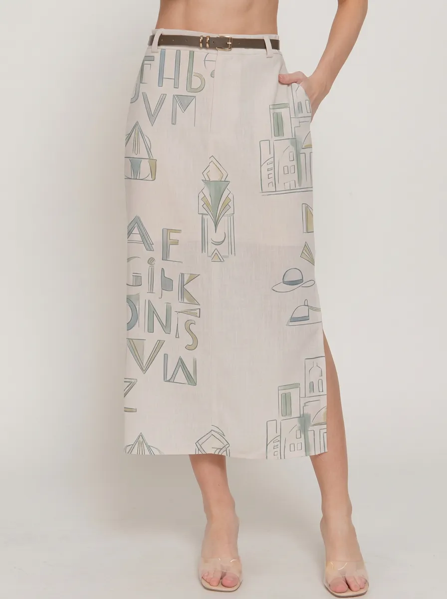 Women's Abstract City Alphabet Printed Midi Skirt